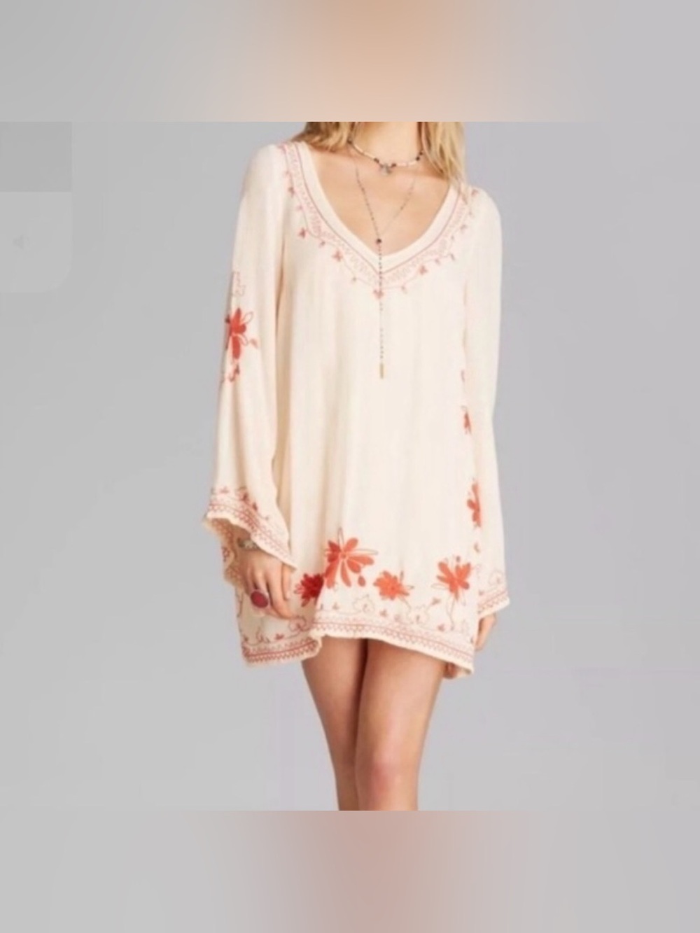 Free People Cream Mini Dress with Coral Floral Embroidery